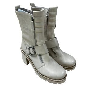 Paul Green NWOB Noah Ankle Boot 29504 Beige Side Zip Moto Chunk Heel Sz 4 US 6.5